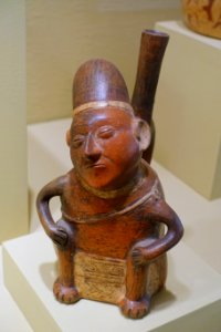 Seated figure stirrup spout vessel, Chimu, Peru, c. 1200-1500 AD, ceramic, polychrome slip - Portland Art Museum - Portland, Oregon - DSC09220