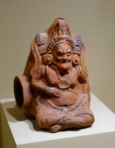 Seated male whistle figure, Maya, 600-900 AD, ceramic - Portland Art Museum - Portland, Oregon - DSC09163