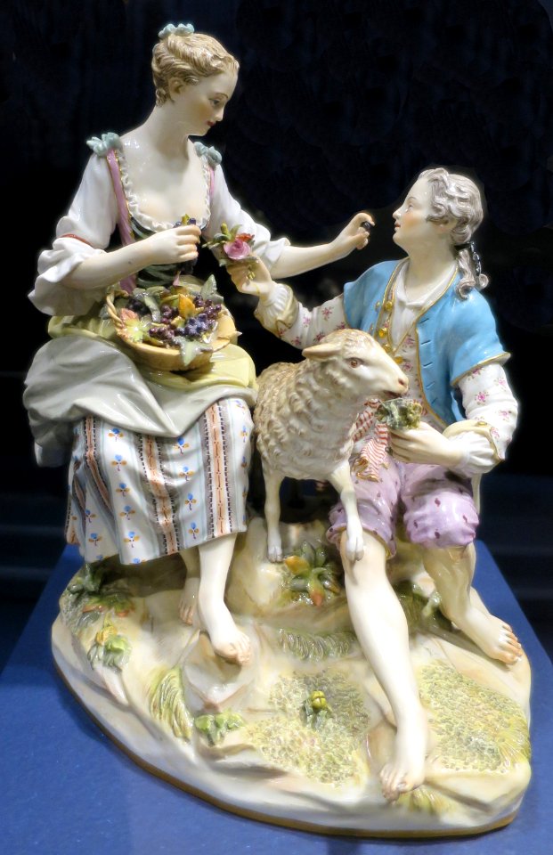 Seated Man and Woman with Lamb between them, Woman Feeding Grapes to Man, Meissen figurine 