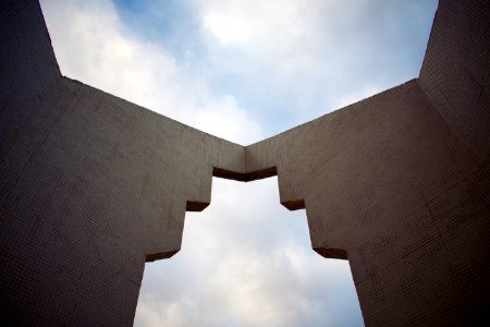 Sculptures with themes of trinity and geometry at the entrance to Ankawa 04