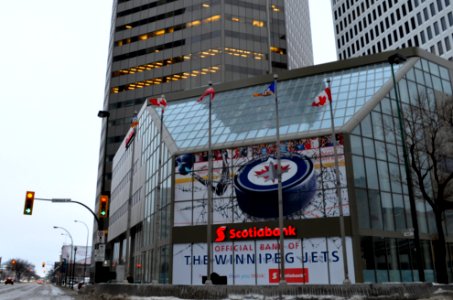Scotiabank at Portage and Main with Winnipeg Jets promotional window designs