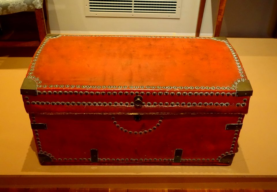 Sea chest, China, early 1800s, camphorwood, painted red leather, brass - Cape Ann Museum - Gloucester, MA - DSC01270