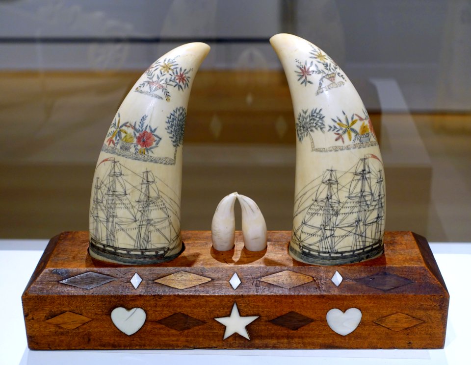 Scrimshaw whale teeth on an inlaid base, United States, 1825-1850, sperm whale teeth, wood, mother-of-pearl - Peabody Essex Museum - DSC07241