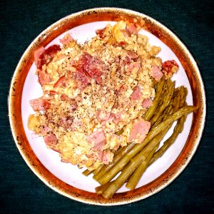 Scrambled eggs with ham, chorizo, and blue cheese, plus pickled asparagus on the side - Massachusetts