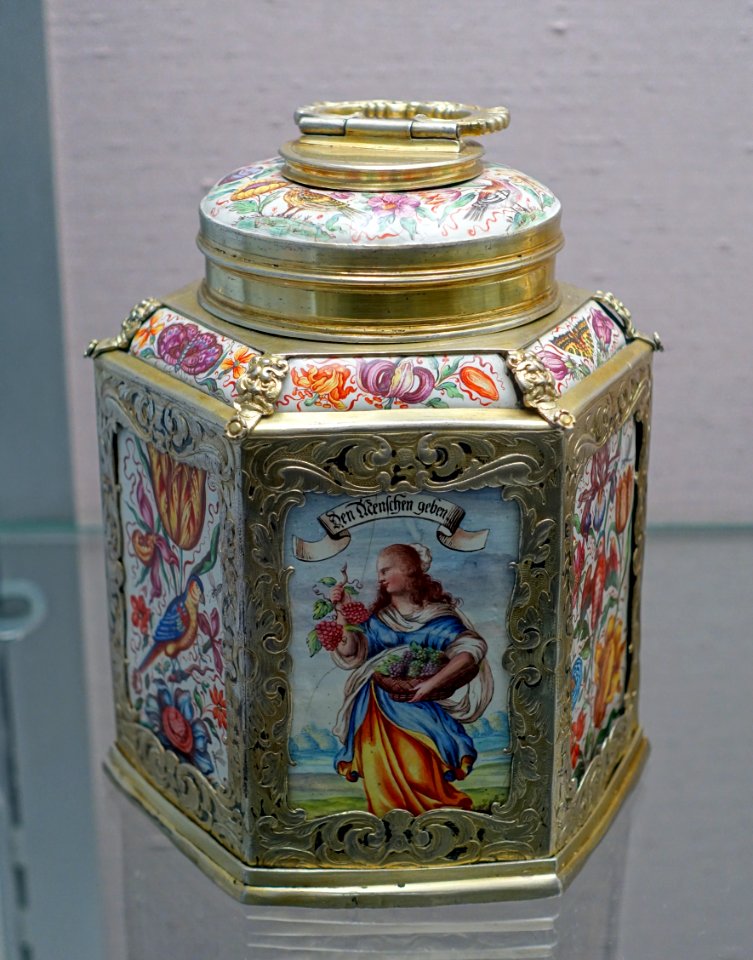 Screw-top containers, 1 of 2, painting by Georg Strauch, silver by Matthaus Strobel, Nurember, c. 1660, faience, enamel, gilt silver - Germanisches Nationalmuseum - Nuremberg, Germany - DSC02587