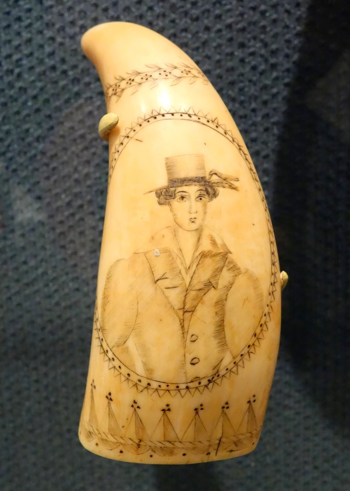 Scrimshaw, maker unknown, United States, 1830-1870, sperm whale tooth and pigment - Brooklyn Museum - DSC09579