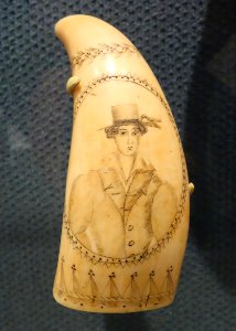 Scrimshaw, maker unknown, United States, 1830-1870, sperm whale tooth and pigment - Brooklyn Museum - DSC09579