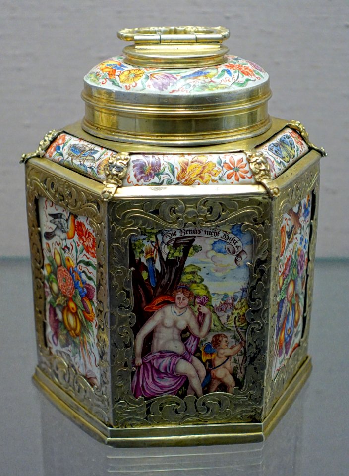Screw-top containers, 2 of 2, painting by Georg Strauch, silver by Matthaus Strobel, Nurember, c. 1660, faience, enamel, gilt silver - Germanisches Nationalmuseum - Nuremberg, Germany - DSC02589