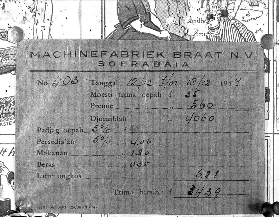 Serie Sabar arbeider in machinefabriek Braat in Soerabaja. Loonzakje van Sab, Bestanddeelnr 902-5302