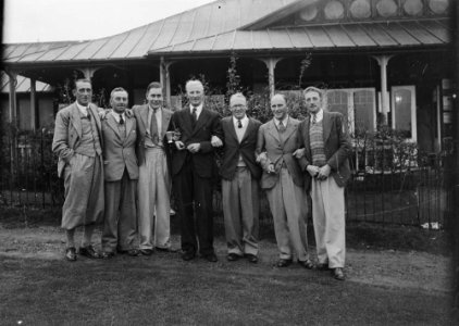 Seven men outside Llandrindod Wells Golf Club pavilion (1293531)