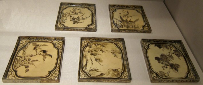 Set of 5 dishes in shape of shikishi (poetry cards) by Ogata Kenzan, c. 1699-1712, stoneware with iron underglaze decoration, HAA photo