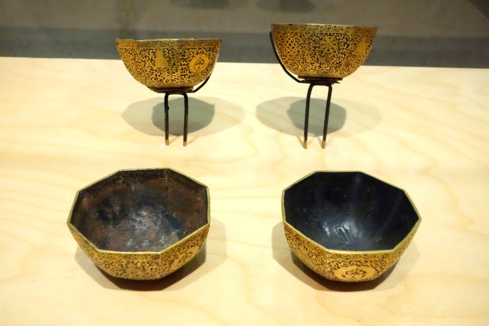Set of Four Offering Bowls, Tibet, c. 16th century, iron, gold - Berkeley Art Museum and Pacific Film Archive - DSC03968