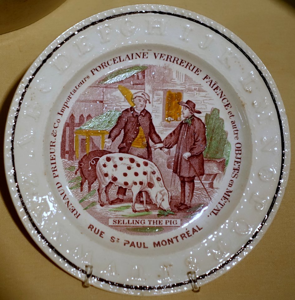 Selling the Pig, child's plate, England, 1800s, ceramic - Château Ramezay - Montreal, Canada - DSC07582