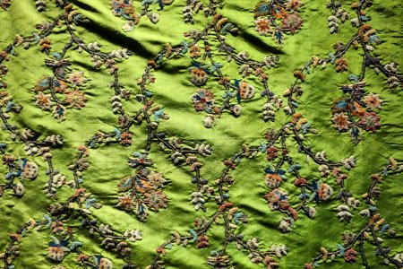 Sequined embroidery (pulak-duzi), Persia, 1800s with partial remnants from late 1700s to early 1800s, brocade fabric with sequins, silk thread, chenille yarn on silk - Museum für Völkerkunde Dresden - DSC08164