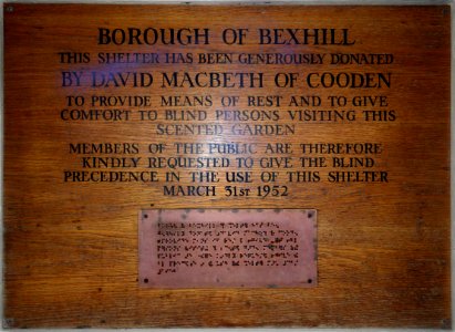 Sensory garden weather shelter plaque, Egerton Park, Bexhill