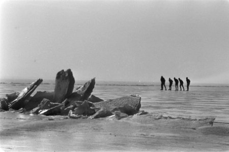 Schaatsen, IJsselmeerkusttoertocht deelnemers rijden langs kruiend ijs, Bestanddeelnr 933-8764