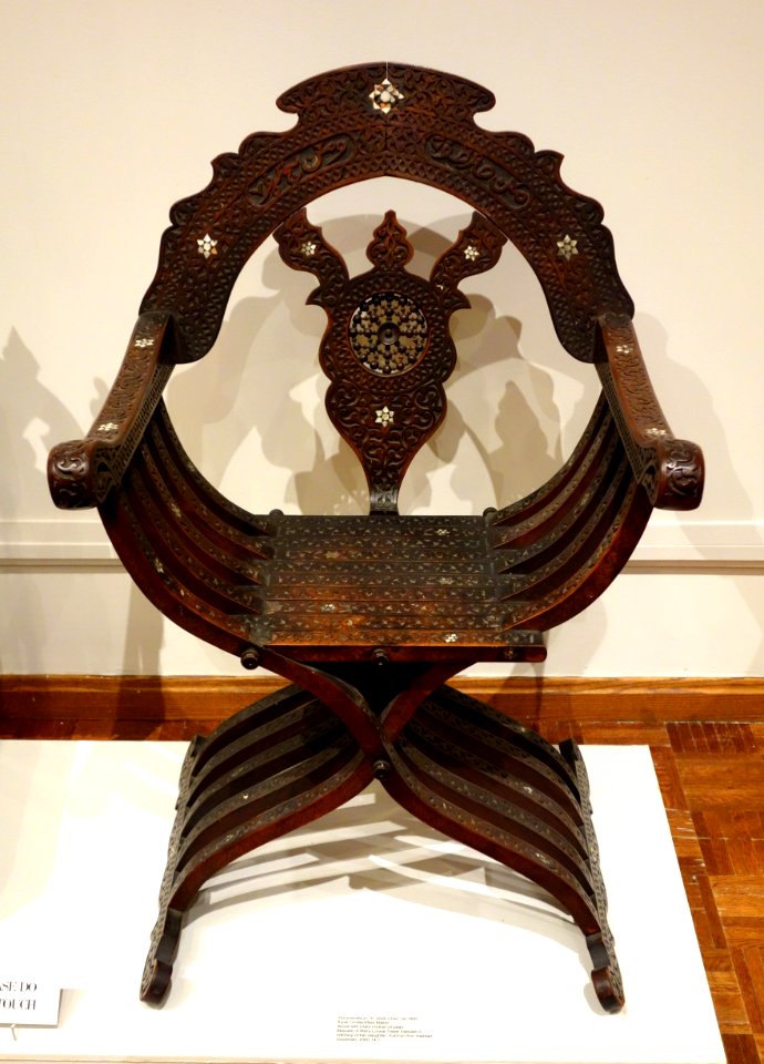 Savonarolla or X Style Chair, unidentified maker, Syria, c. 1900, wood with inlaid mother-of-pearl - Huntington Museum of Art - DSC05103