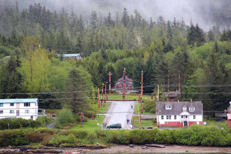 Saxman Alaska totem poles view from boat