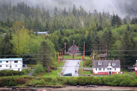 Saxman Alaska totem poles view from boat