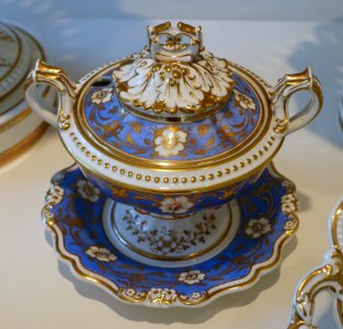 Sauce tureen, 2 of 2, from a partial dessert service, made by John Ridgway, 1830-1840, porcelain, hand-painted decoration and gilding - Peabody Essex Museum - DSC06632