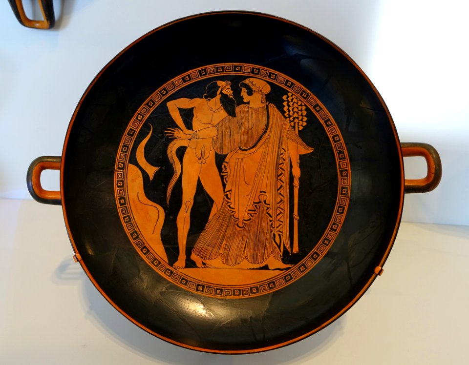 Satyr and maenad, with Dionysos, satyrs, and maenads, kylix, by Douris or the Painter of London E55, Attic Greek, 490-480 BC, red-figure terracotta - Sackler Museum - Harvard University - DSC01774