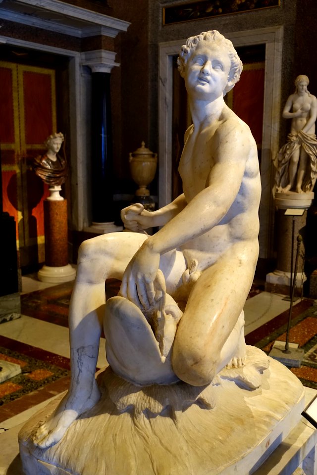 Satyr on a dolphin, Roman, torso 1st century AD, re-elaborated in the 15th century, with 19th century base, marble - Galleria Borghese - Rome, Italy - DSC04858