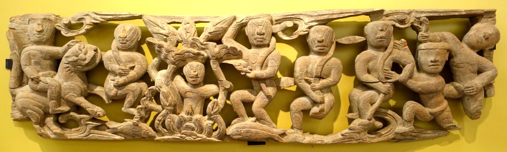 Scenery of bathing in lotus pond, Dong Vien Communale house, Ha Tay province, late 17th century AD, wood - Vietnam National Museum of Fine Arts - Hanoi, Vietnam - DSC04894