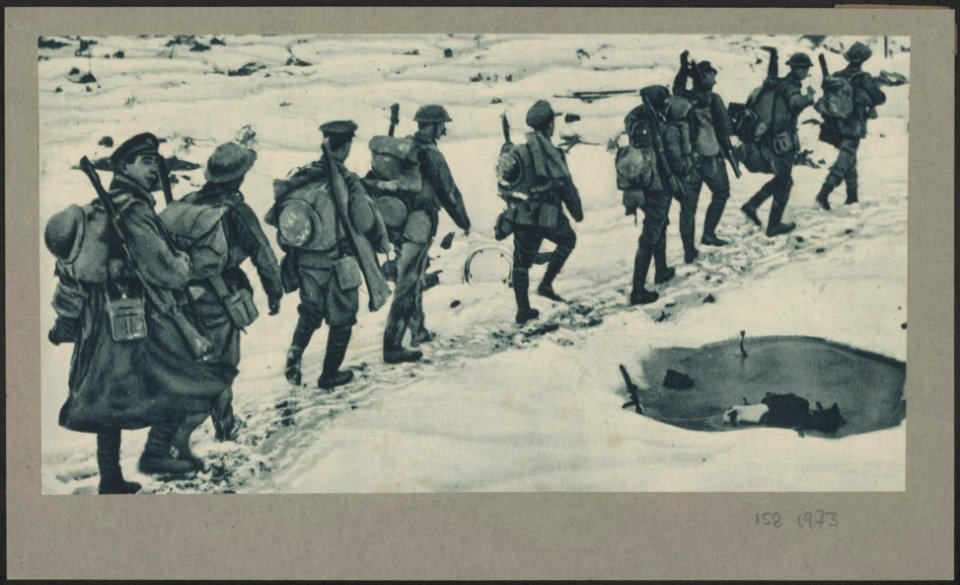 Scenes on the Western Front during a snow spell. Britse soldaten aan het westeli, Bestanddeelnr 158-1973