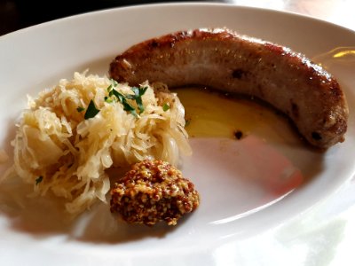 Sausage, cabbage, mustard at Italian restaurant in Tokyo