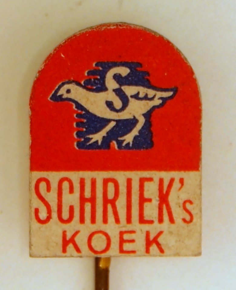Schrieks koek, reclame speldje