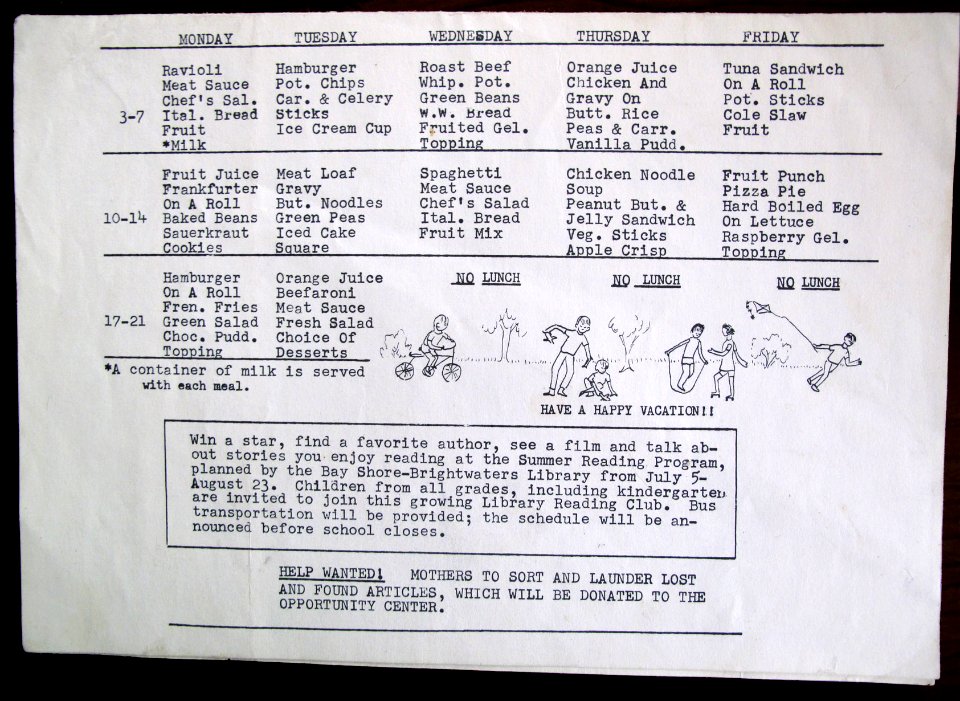 School lunch menu June 1968