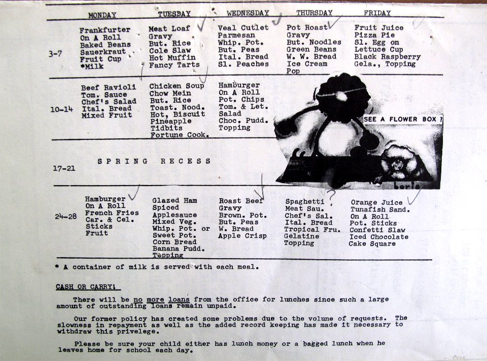 School lunch menu April 1967