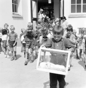 Schoolvakantie begonnen, kinderen met planten, goudvis en hamster naar huis, Bestanddeelnr 919-3125