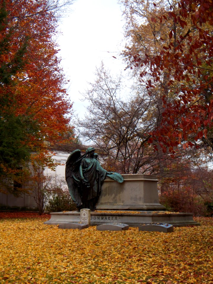 Schoonmaker monument with autumn leaves, Homewood Cemetery