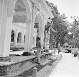 Schilders bij het Gouverneurspaleis aan het Gouvernementsplein in Paramaribo, Bestanddeelnr 252-2280