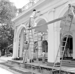 Schilders bij het Gouvernementspaleis aan het Gouvernementsplein in Paramaribo, Bestanddeelnr 252-2286