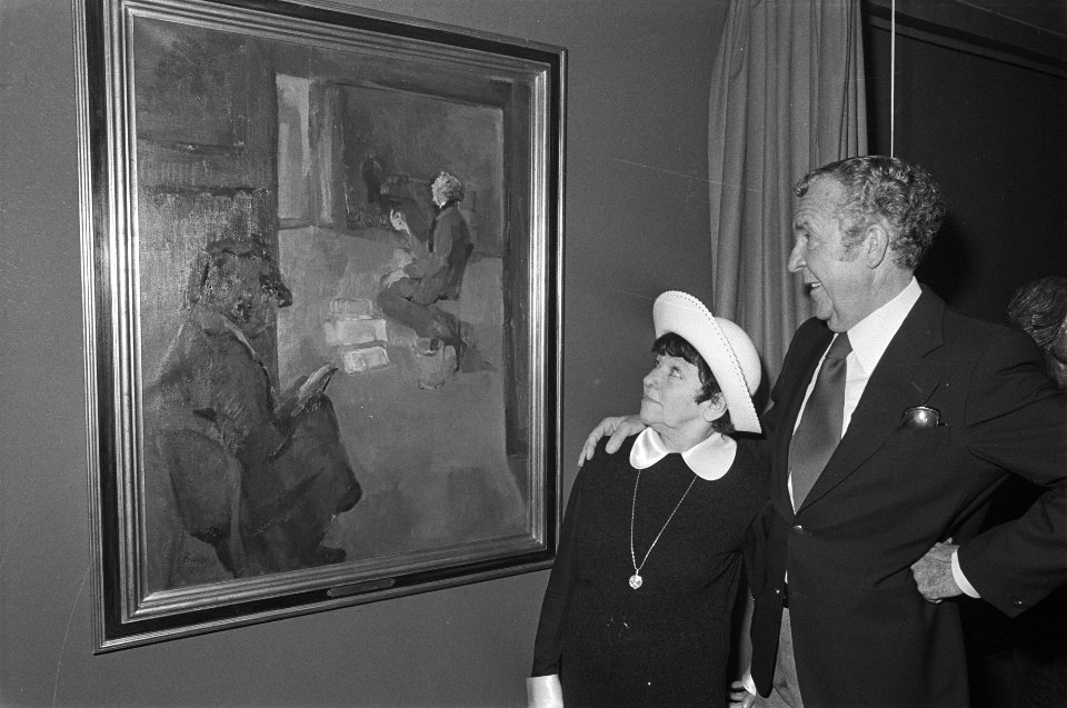Schilderij met Wim Kan en Corry Vonk in nieuwe De La Mar Theater, Amsterdam van , Bestanddeelnr 929-5000