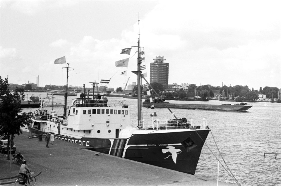 Schip Rainbow Warrior van Greenpeace organisatie in Amsterdam, Bestanddeelnr 929-8700