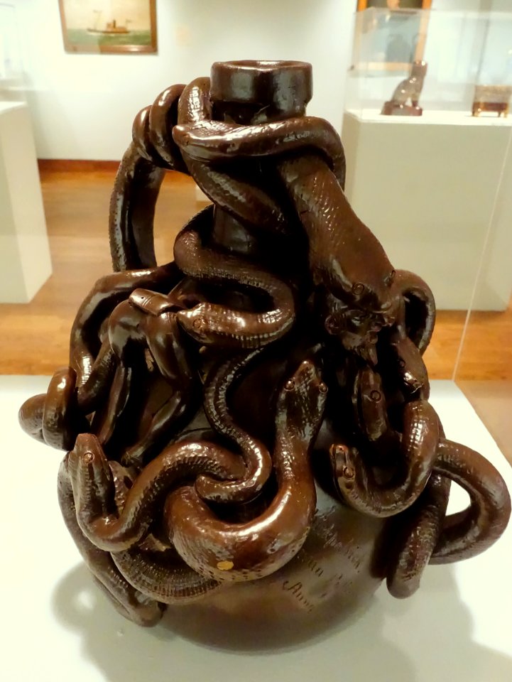 Snake jug, the Anna Potteries, Illinois, c. 1880-1890, stoneware, dark-brown slip applied and incised - Krannert Art Museum, UIUC - DSC06674