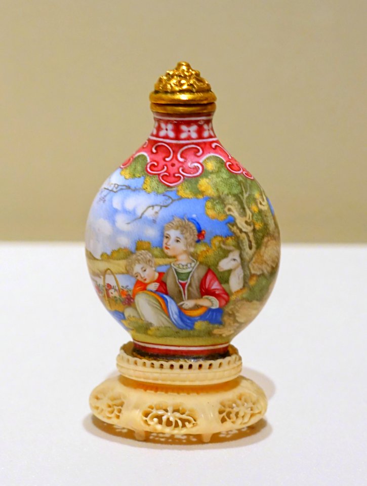Snuff bottle with woman and child, China, Qianlong period, 1736-1795 AD, enamel on copper alloy, gilding, ivory stand - Peabody Essex Museum - DSC07961