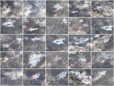 Snow crystals glittering in strong direct sunlight - collection