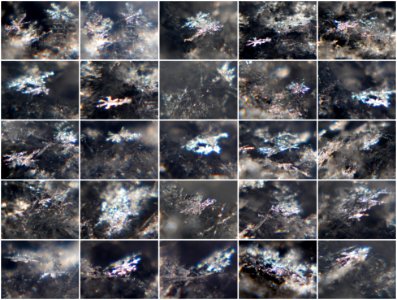 Snow crystals glittering in strong direct sunlight - collection - high contrast - at 80 pc