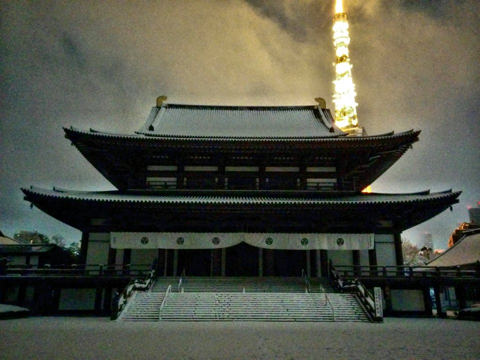 Snowy Zojoji at night