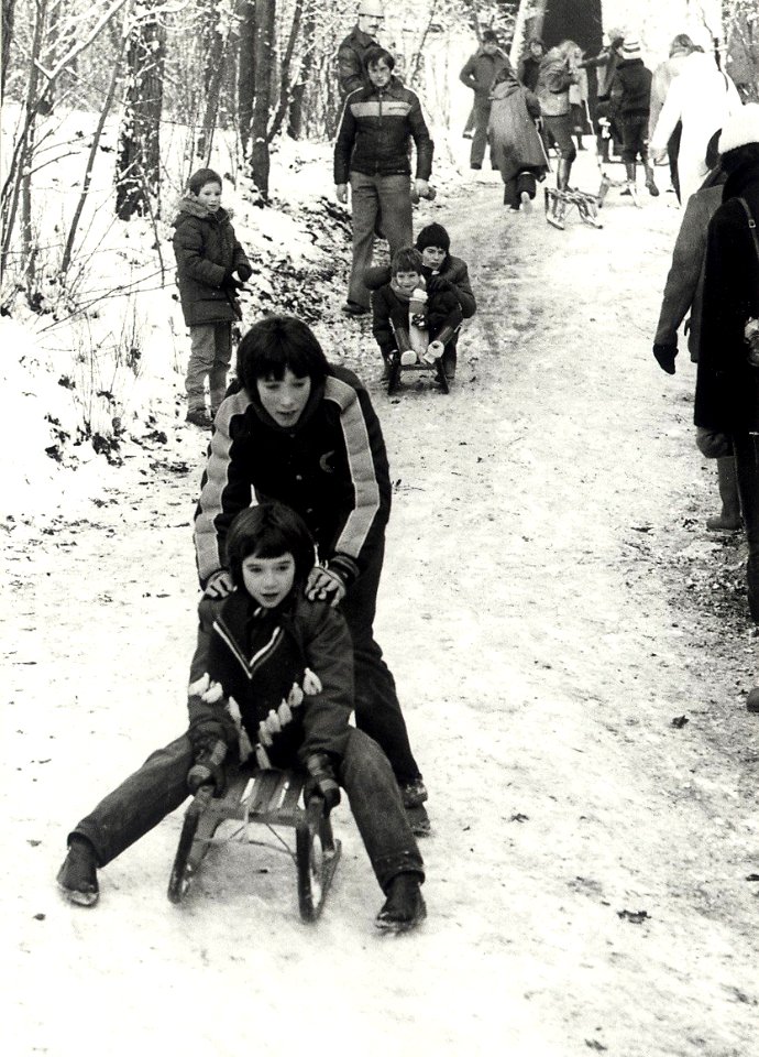 Sleeën bij de Brouwerskolk te Overveen. Aangekocht in 1981 van fotograaf C. de Boer. - Negatiefnummer 26757 k 81 A. - Gepubliceerd in het Haarlems Dagblad van 08-12-1980. Identificatienummer, NL-HlmNHA 54011476