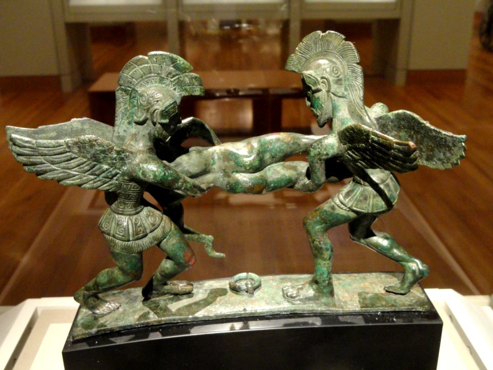 Sleep and Death Carrying off the Slain Sarpedon (cista handle), 400-380 BC, Etruscan, bronze - Cleveland Museum of Art - DSC08260