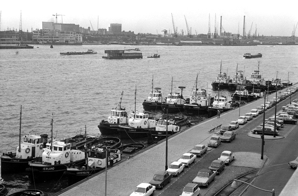 Sleepbootstaking in Rotterdam sleepboten in de Maas liggen stil, overzicht, Bestanddeelnr 924-2282