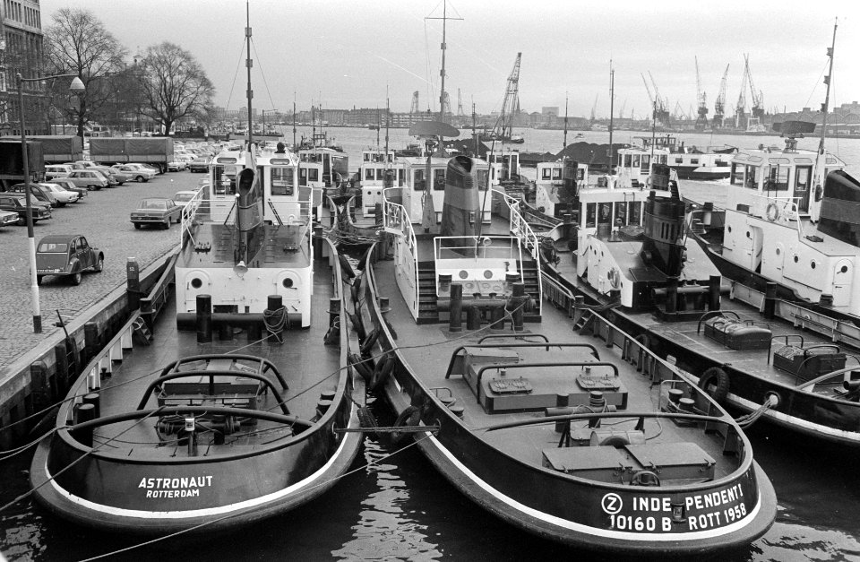 Sleepbootstaking in Rotterdam sleepboten in de Maas liggen stil, Bestanddeelnr 924-2281