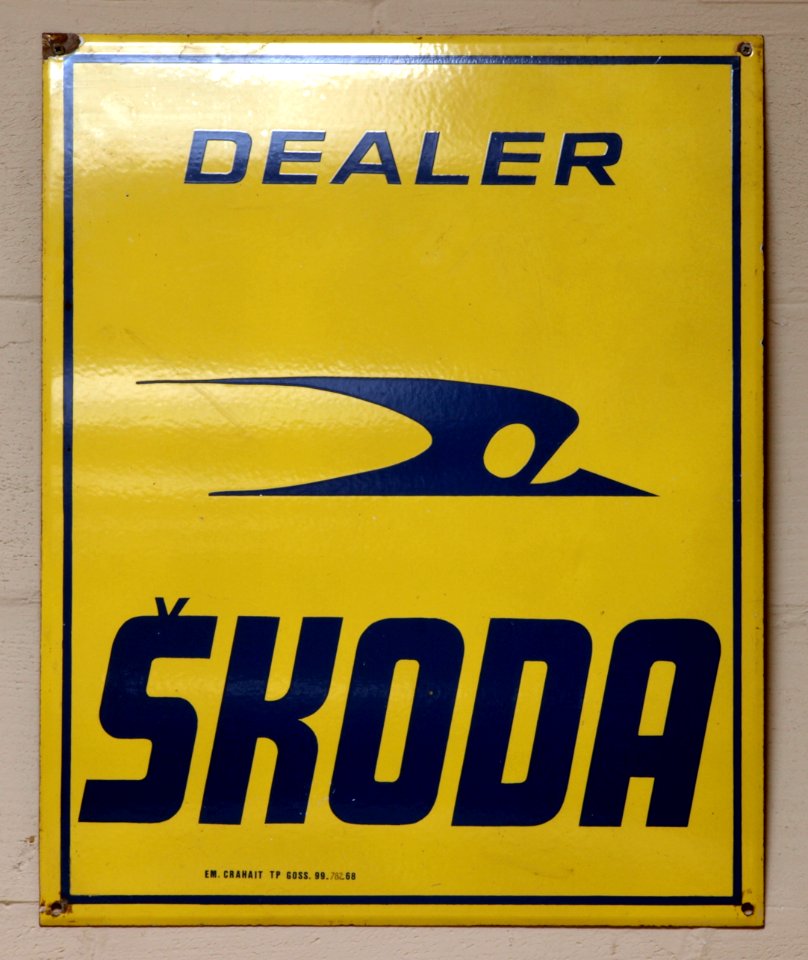 SKODA dealer, Enamel advert sign at the den hartog ford museum pic-033