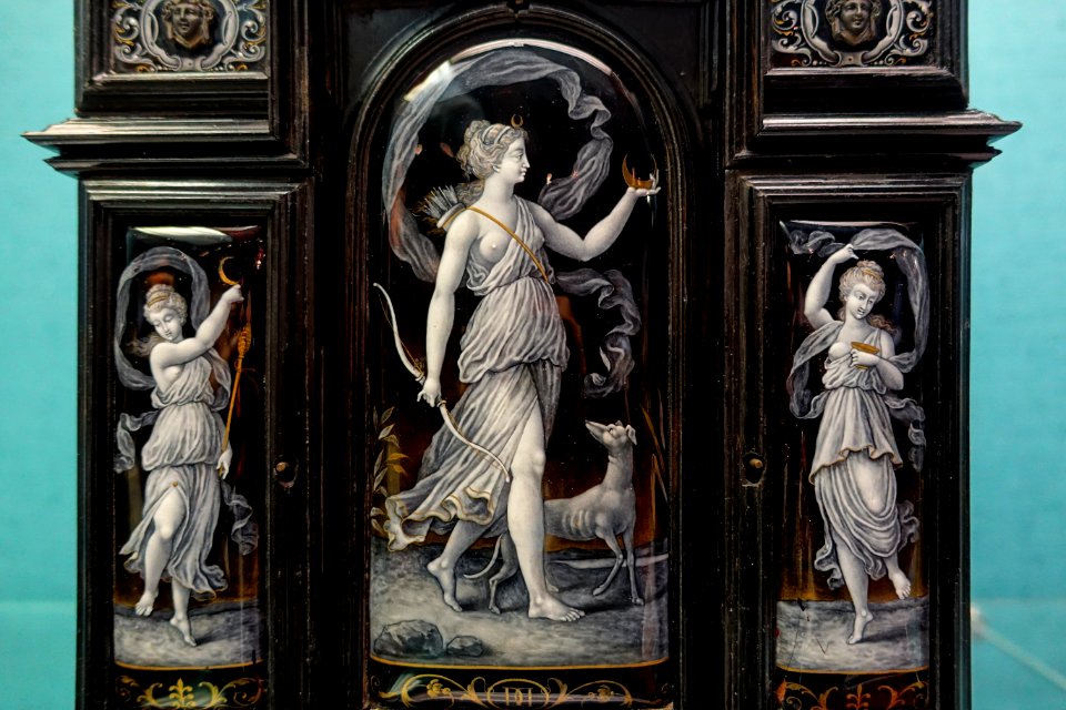 Small jewellery cabinet, detail, by Johann Zignah ebeniste, Paul Soyer enamel, Paris, 1877-1878, ebony-veneer on oak, enamel plates, silver, ivory - Germanisches Nationalmuseum - Nuremberg, Germany - DSC03098