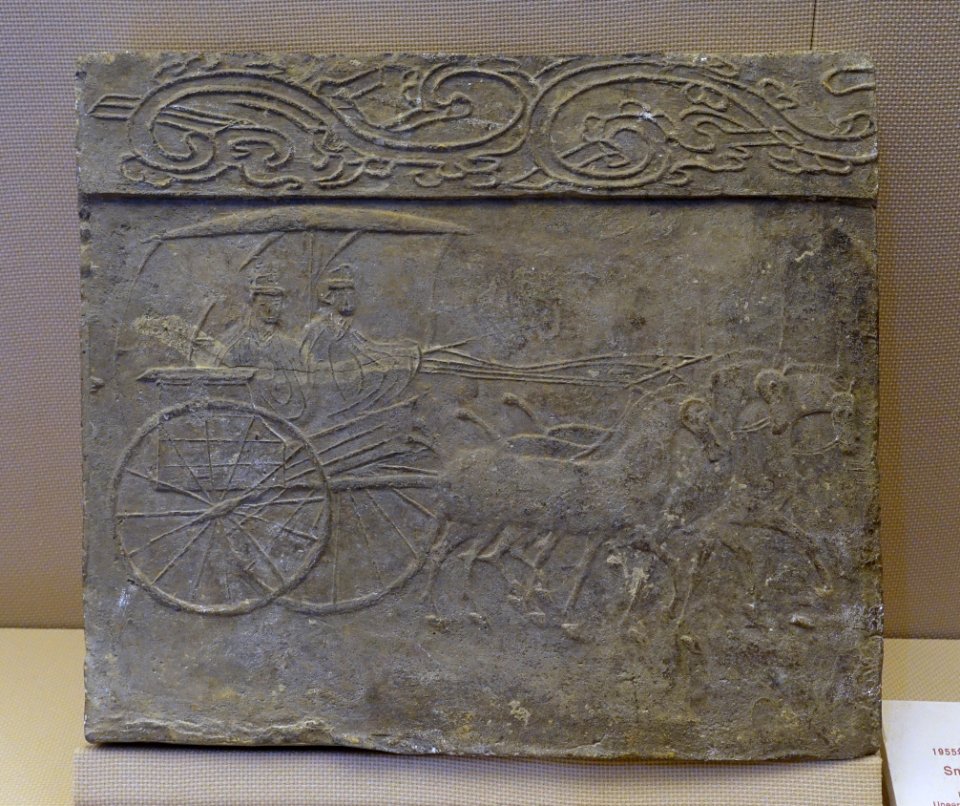Small horse cart drawn by three horses, China, unearthed at Xinfan, Xindu District, Chengdu City, Eastern Han dynasty, 25-220 AD, tomb tile - Sichuan Provincial Museum - Chengdu, China - DSC04809